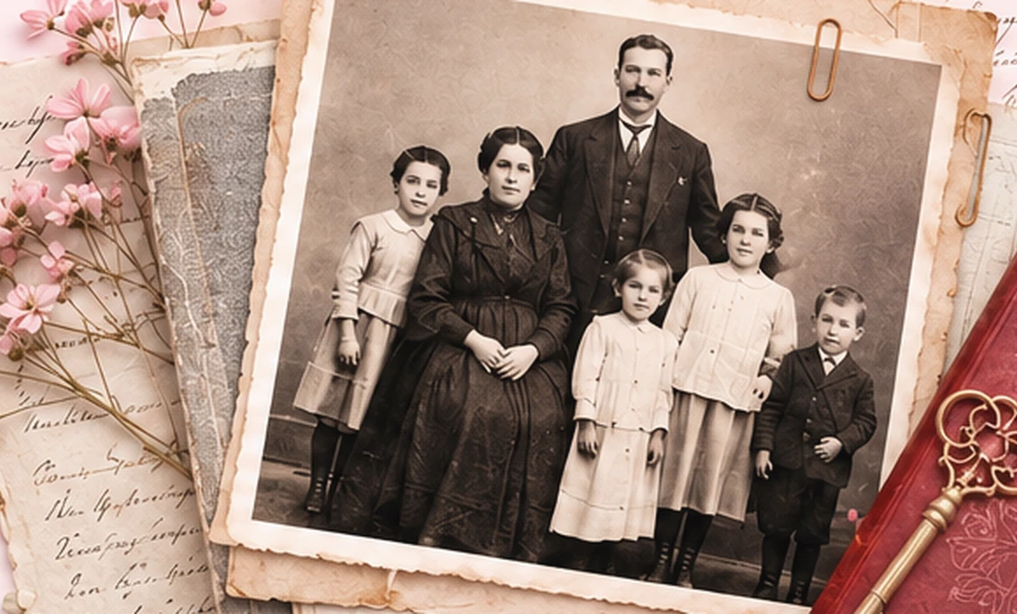 Retrato familiar antiguo sobre papeles de archivo en tonos rosa y sepia