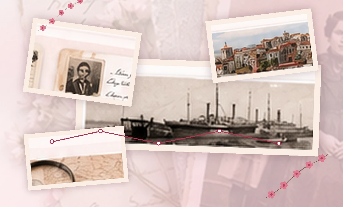 Collage sobre migraciones con puerto, documentos y registros de pasajeros
